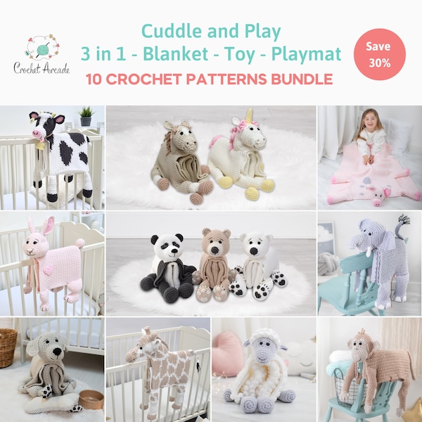 Crochet Patterns E-book, 10 x CROCHET PATTERN PDF Bundle, Cuddle and Play 3 in 1 crochet blanket and amigurumi crochet toy, crochet playmat