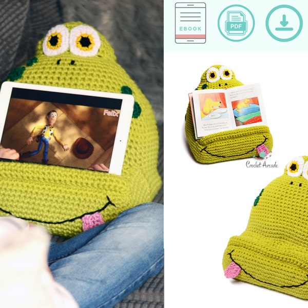 Joe The Frog Book/Tablet Holder crochet pattern, tablet pillow crochet pattern, tablet rest crochet pattern, gift for kids crochet pattern