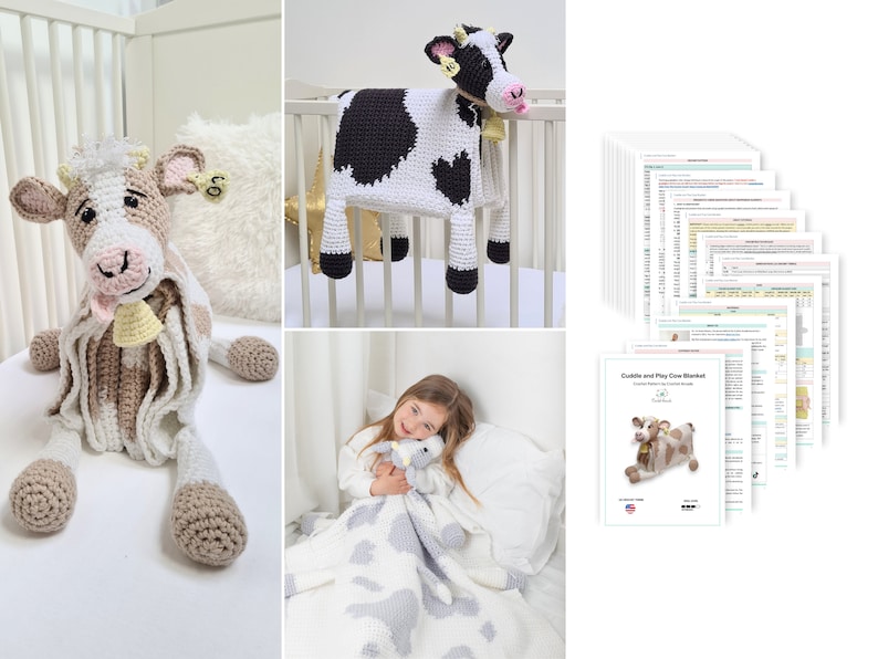 Crochet cow baby blanket that folds into crochet toy cow. PDF crochet pattern to make a cow blanket as baby shower gift. Crochet pattern to make a blanket for babies, children, teens and adults.