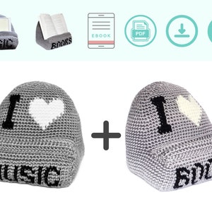 I &lt;3 music and I &lt;3 books tablet book holders crochet pattern, tablet pillow, book rest, tablet rest, book holder pillow, tablet stand