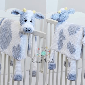 Crochet cow baby blanket that folds into crochet toy cow. PDF crochet pattern to make a cow blanket as baby shower gift. Crochet pattern to make a blanket for babies, children, teens and adults.