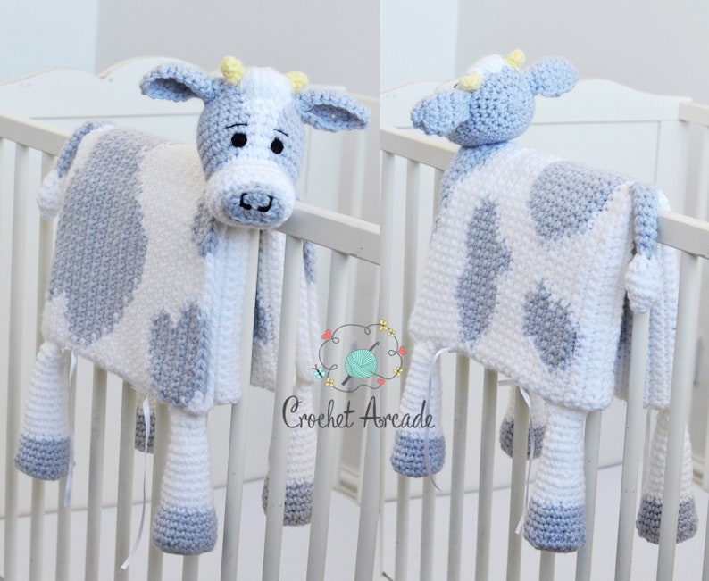 Crochet cow baby blanket that folds into crochet toy cow. PDF crochet pattern to make a cow blanket as baby shower gift. Crochet pattern to make a blanket for babies, children, teens and adults.