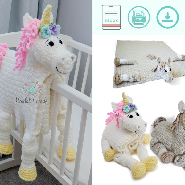 Unicorn Horse Baby Blanket CROCHET PATTERN PDF | Cuddle & Play Horse Unicorn Blanket Toy Crochet Pattern | Crochet Baby Blanket Pattern