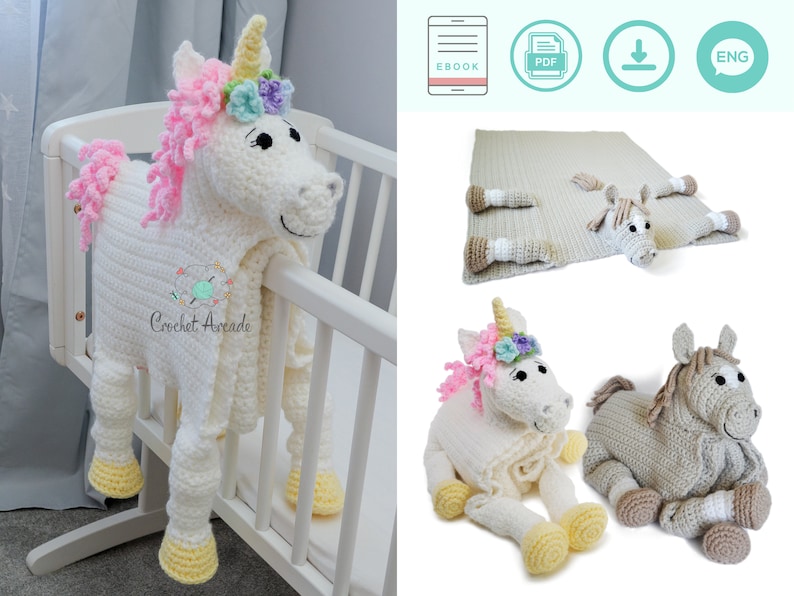 Unicorn Horse Baby Blanket CROCHET PATTERN PDF Cuddle & Play Horse Unicorn Blanket Toy Crochet Pattern Crochet Baby Blanket Pattern image 1