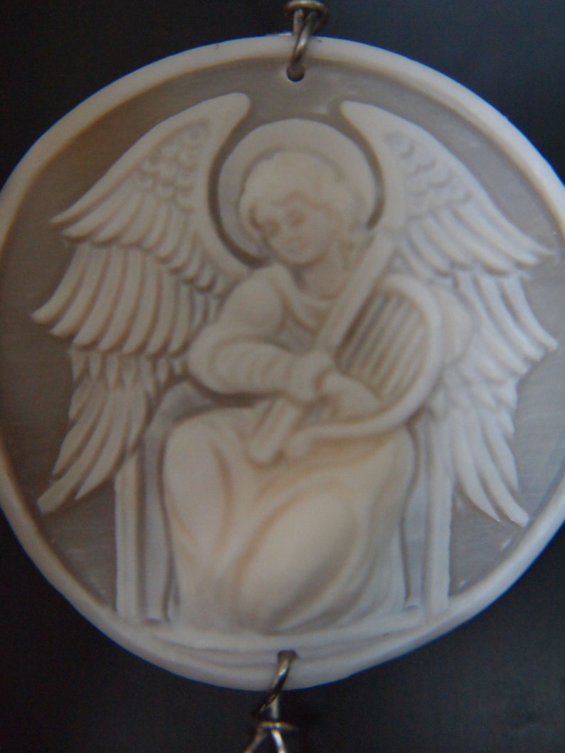 Torre del Greco hand carved sardonyx shell cameo on a rosary necklace with cross