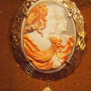 Master Hand carved Carnelian Conch Shell Cameo pendant with heavy basket weave or considered natural setting