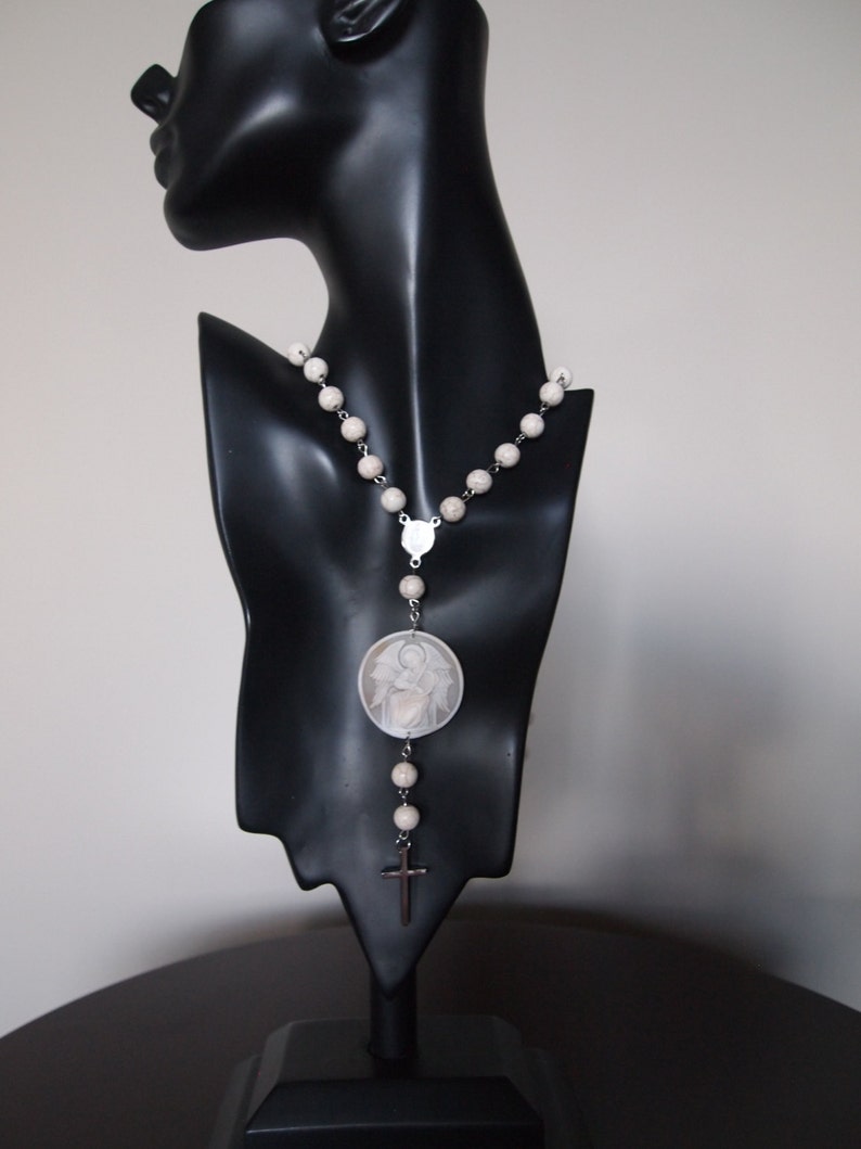 Torre del Greco hand carved sardonyx shell cameo on a rosary necklace with cross