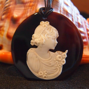 Master Hand carved Carnelian Conch Shell Cameo and brown tortoiseshell necklace