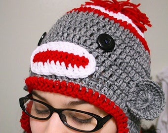 Sock Monkey Hat (Adult size) | Crochet Hats | Handmade Gift | Cute | Acrylic Yarn | GISHWHES | Tassles | Red and Grey