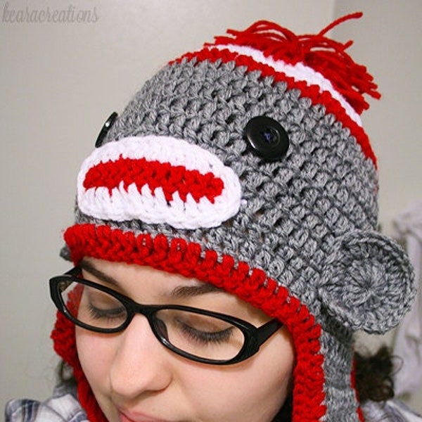 Sock Monkey Hat (Adult size) | Crochet Hats | Handmade Gift | Cute | Acrylic Yarn | GISHWHES | Tassles | Red and Grey