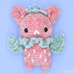 Strawberry Bat Plush | Crochet Amigurumi | Handmade Gift | Stuffed Toy | Fruit Stuffie | Cute | Velvet Yarn