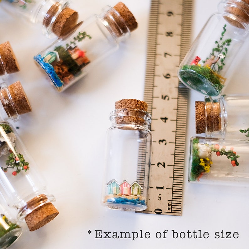 Op de afbeelding: Kleine transparante glazen flesjes met kurken. Sommige flesjes bevatten miniatuur strandsc&egrave;nes met kleurrijke strandhuisjes. Een liniaal toont de flesgrootte in centimeters. De tekst luidt "Example of bottle size."