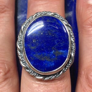 Brilliant Blue Size 9 Lapis Lazuli Ring in Sterling Silver setting artisan handcrafted by R. Beauford silversmith