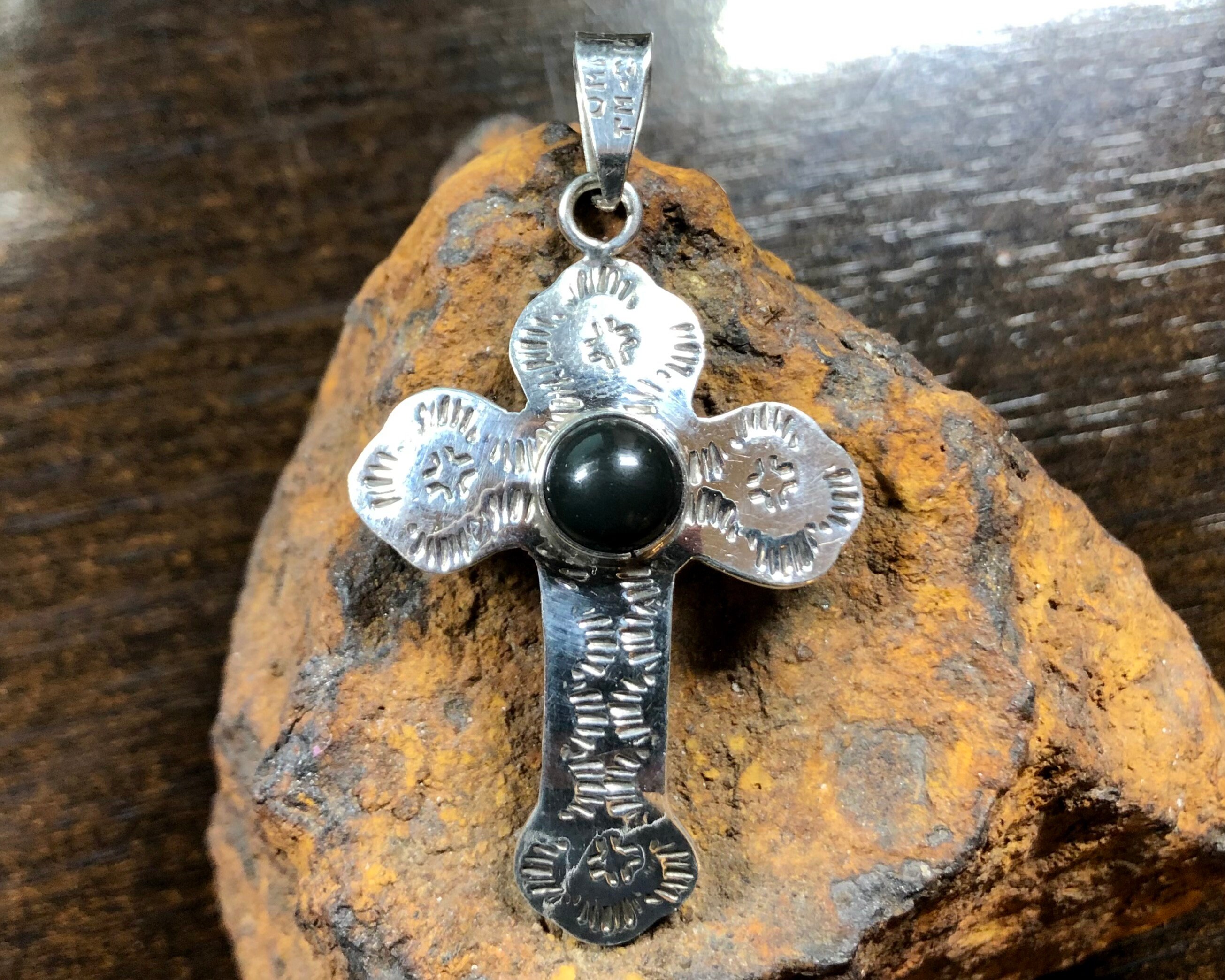 Antique Taxco Mexico Sterling Silver and Black Onyx Cross