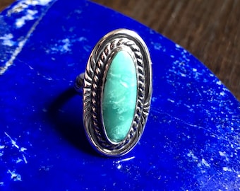 Size 7 Sea-Green Cloud Mountain Mine Turquoise Ring, Sterling Silver handcrafted by R. Beauford, silversmith.