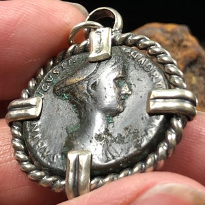 128-137 AD Demeter Goddess of Farming, Gardens & Harvest. Ancient Roman Empire Bronze Coin of Empress Sabina Augusta in sterling pendant.