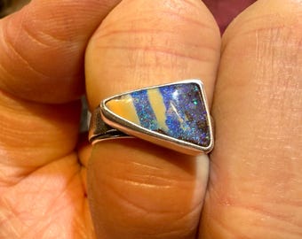 Australian Boulder Opal Ring, US Ring Size 7 1/4, Set in Sterling Silver, handmade by R. Beauford silversmith