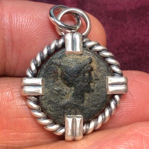 48-27 BC Goddess Artemis ancient Greek bronze coin set in sterling silver pendant. Goddess of the hunt, the wilderness, nature, & the moon