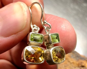 Faceted Peridot and Golden Citrine set in vintage Sterling Silver Earrings.
