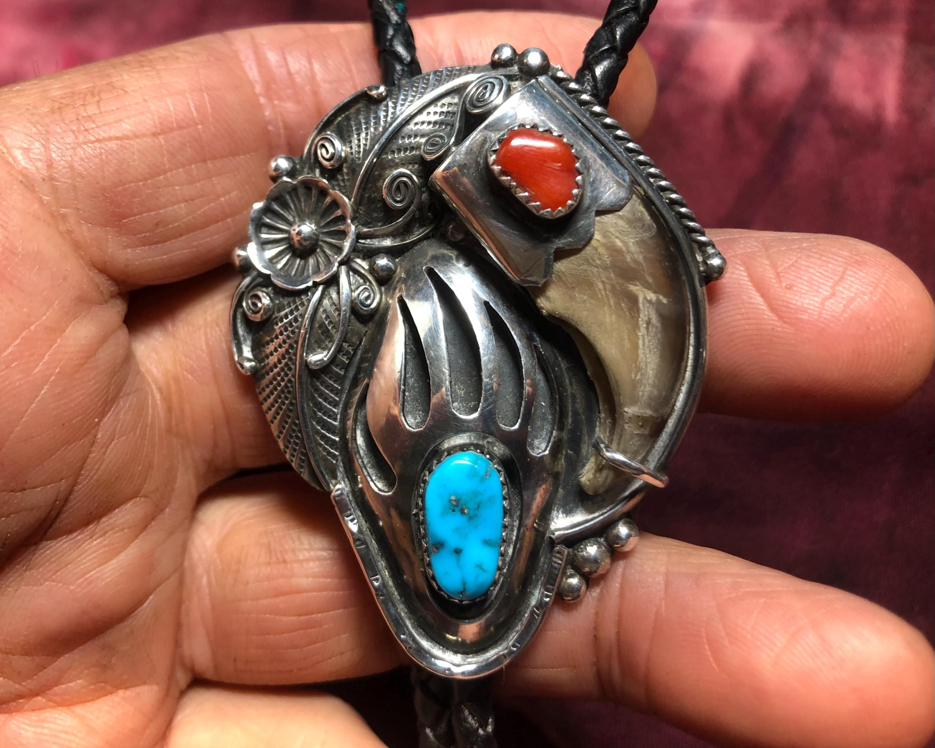 Gigantic Vintage Native American Zuni Blackbear Turquoise Sterling Silver Bolo Tie Gigantic Vintage Native American Zuni Blackbear Turquoise Sterling Silver Bolo Tie