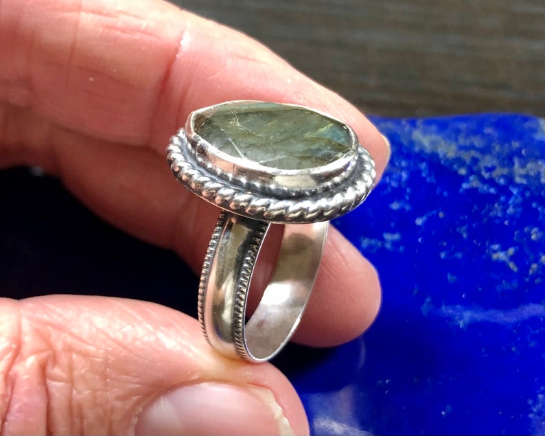 African Spectrolite Gemstone Africa Natural Madagascar Size 12 14 Golden Faceted Labradorite Ring in handmade Sterling Silver Setting
