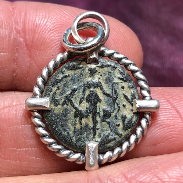 98-161 AD Goddess Artemis, ancient Greek bronze coin set in sterling silver pendant. Goddess of the hunt, the wilderness, nature, & the moon