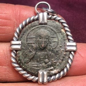 1068-1071 AD Jesus Christ, First Crusade ANCIENT Bronze Coin in Sterling Pendant w. Christ with Hand Raised in Benediction, holding gospels