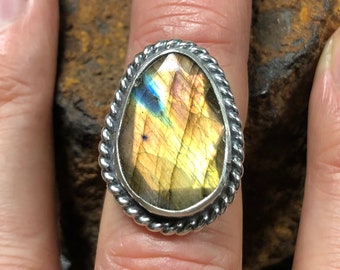 Faceted Spectrolite / Labradorite set in Sterling Silver Ring, Size 7 1/2.  Fiery golden pagan, druid, wiccan stone.