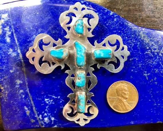 Incredible Vintage Native American Zuni Blue Gem Turquoise Sterling Silver Cross Pendant Incredible Vintage Native American Zuni Blue Gem Turquoise Sterling Silver Cross Pendant