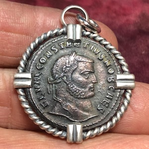 293-305 AD Constantius I Chlorus minted during &#39;the Great Persecution.&#39; Ancient Roman bronze artifact coin set in Sterling Pendant Setting