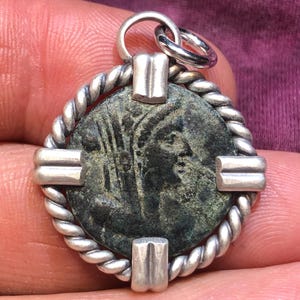 133 BC-14 AD Goddess of Luck & Protection, Tyche, and Zeus, God of Storms, on ancient Greek bronze coin, set in sterling silver pendant