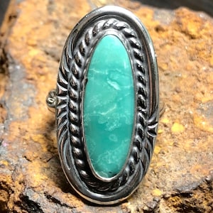 Size 7 Sea-Green Cloud Mountain Mine Turquoise Ring, Sterling Silver handcrafted by R. Beauford, silversmith.