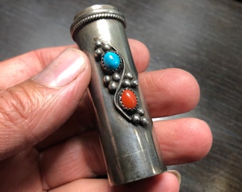 Sterling silver lipstick holder / lipstick case, Antique handmade Native American turquoise and coral, circa 1950s, Route 66 Era