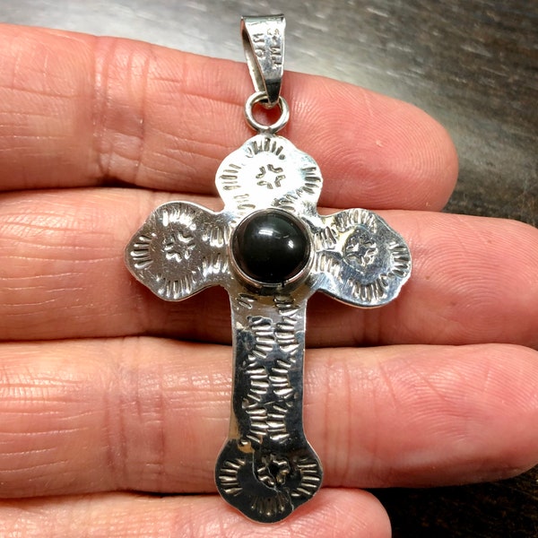 Antique Taxco Mexico Sterling Silver and Black Onyx Cross Pendant with TM-212 Jeweler's Hallmark - Mexican 925 Silver - Sterling