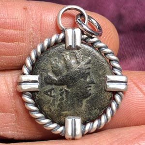 100-0 BC Goddess of Luck & Protection, Tyche, with Hermes, God of Wealth, on ancient Greek bronze coin set in sterling silver pendant