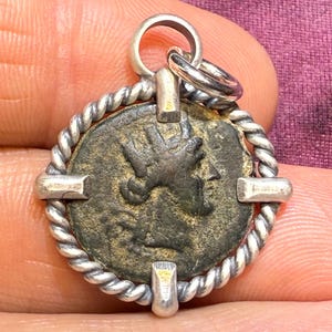 88-40 BC Goddess of Luck & Protection, Tyche, on ancient Greek bronze coin, Patron Deity of Fortune and Fate, set in sterling silver pendant