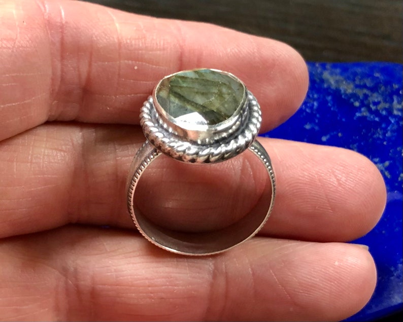African Spectrolite Gemstone Africa Natural Madagascar Size 12 14 Golden Faceted Labradorite Ring in handmade Sterling Silver Setting
