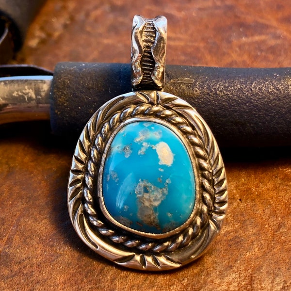 Blue Gem Quality Bisbee Blue Turquoise with Quartz Inclusions in Sterling Silver pendant, Bisbee Turquoise Mine, Arizona