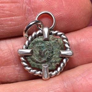 Ancient Jewish Widow&#39;s Mite Coin of the Bible, Israel. Luke 21 1-4; Mark 12 41-44. Bronze artifact coin in Sterling Silver pendant Setting