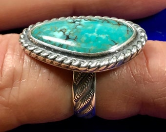 Size 7 Blue-Green Spiderweb Cloud Mountain Turquoise in handmade Sterling Silver and Turquoise Ring by R. Beauford, silversmith