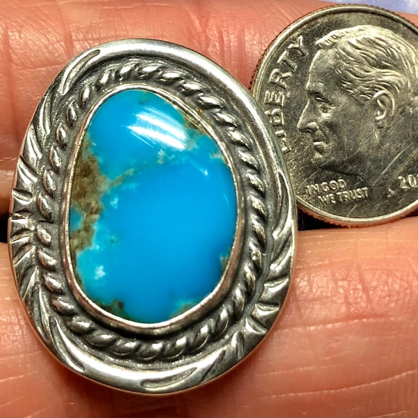 Arizona Bisbee Turquoise, Size 13 Ring, Gem Grade Natural Bisbee Blue Turquoise in Sterling Silver, handcrafted by R. Beauford silversmith