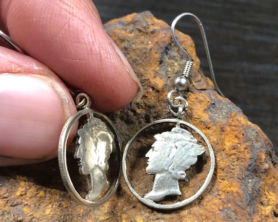 Handmade Antique Silver Dime Earrings - 'Mercury'… - image 1