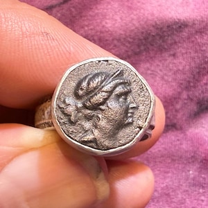 226-223 BC Goddess Artemis ancient Greek bronze coin set in Sterling Ring, size 7 3/4. Diana Goddess of the hunt, the wilderness, & the moon