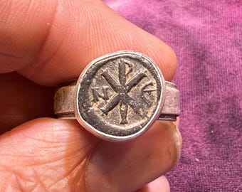 518-527 Christian Chi Rho Symbol on ancient Byzantine coin of Justin I set in Sterling Silver Ring Size 8 1/2. Swineherd who became king.