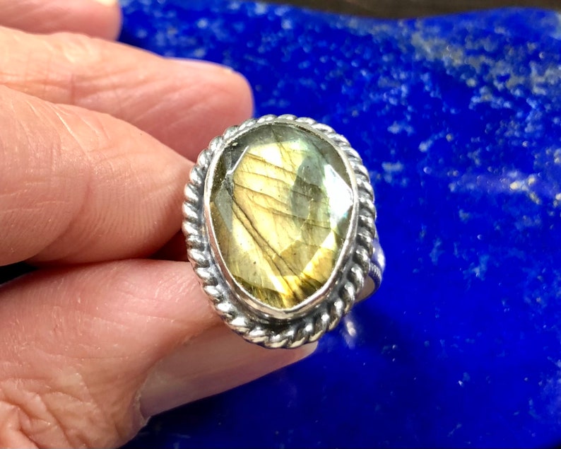 African Spectrolite Gemstone Africa Natural Madagascar Size 12 14 Golden Faceted Labradorite Ring in handmade Sterling Silver Setting