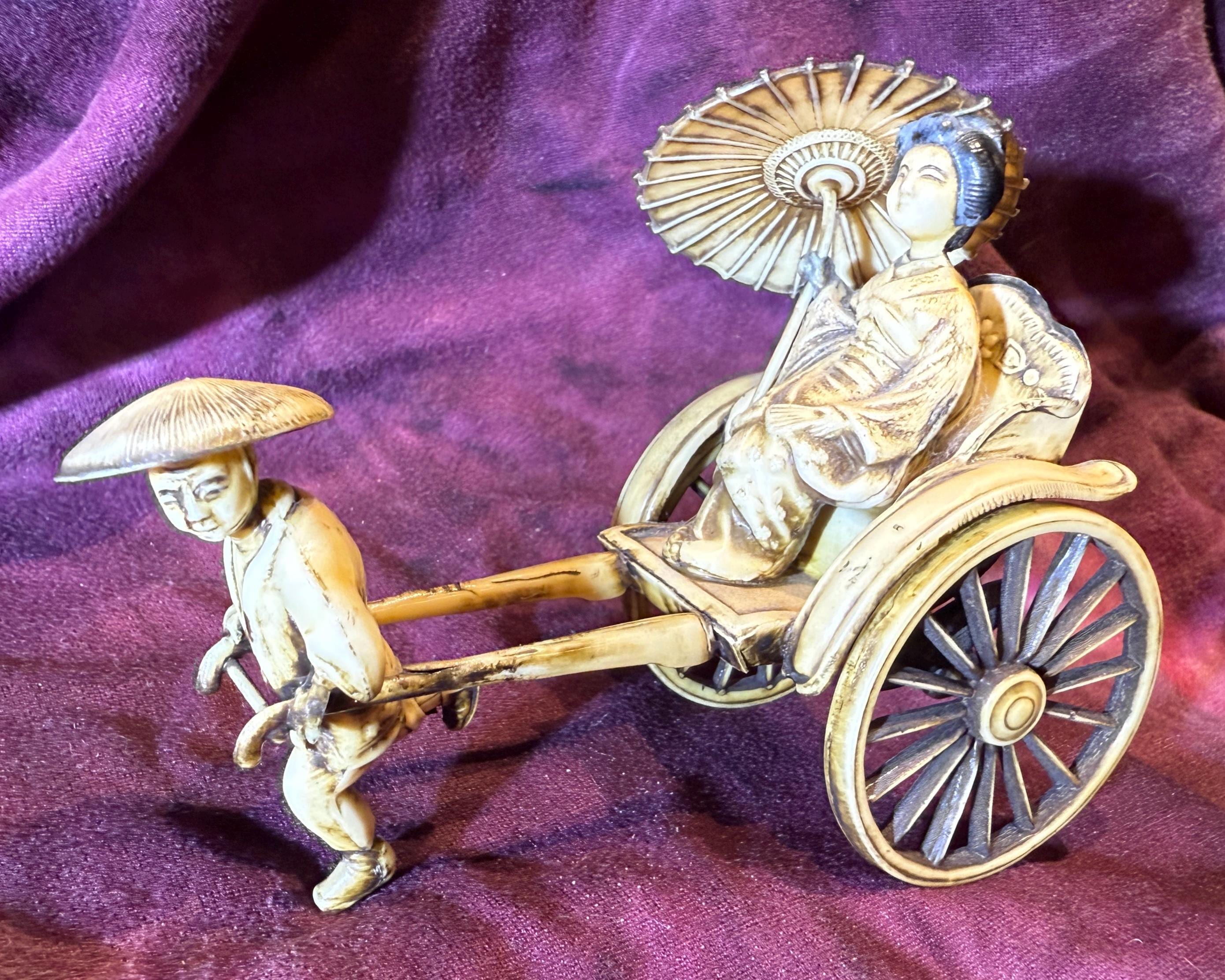 1940s Japanese Celluloid Rickshaw Figurine, Geisha & Puller