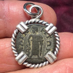193-235 AD Asclepius God of Healing & Medicine with Caduceus and Mountain God on ancient Greek bronze coin in sterling pendant. Asklepios