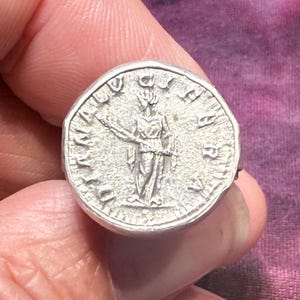 193-217 AD Goddess Diana ancient Roman silver Denarius coin. Triple Goddess of Moon & Magic in Sterling Ring, Pagan Druid Wicca size 8 1/4
