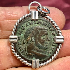 286-305 AD Maximianus Herculius &#39;Hercules,&#39; Augustus. Ancient Roman bronze artifact coin minted in Carthage set in Sterling Pendant Setting