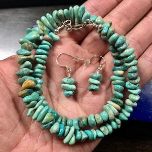 17 1/2&quot; Kingman Turquoise, Kingman Mine, Arizona, Natural Turquoise Nugget Bead Necklace and Earring Set with Sterling Silver Clasp